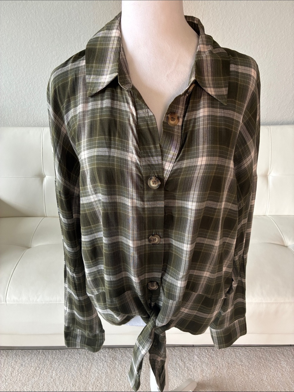Blu Pepper Olive Green Plaid Button Down Tie Front Oversized Shirt